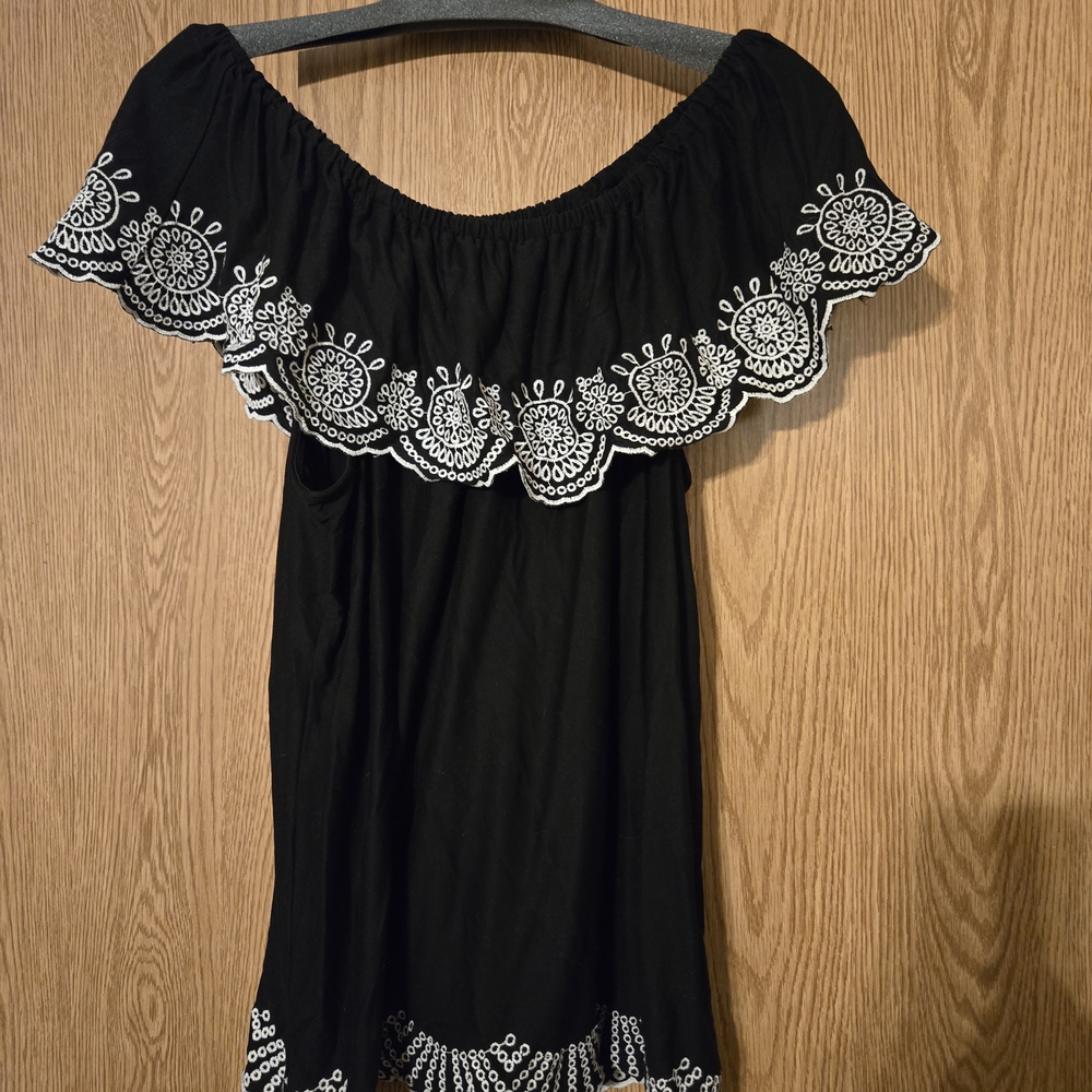 Off The Shoulder Black Top with White Embroidery